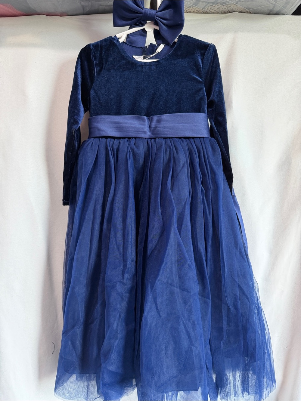 Kids Formal Navy Blue Velvet Tulle Dress with Bow